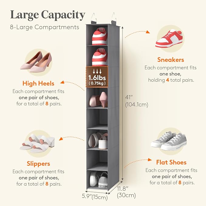 Lifewit 8 Section Hanging Shoe Storage Organizer for Closet Foldable, Gray | Folding Shoe Racks, Fabric Shoes Storage with Two Hangers, Closet Organizers and Storage for Wardrode, Dorm