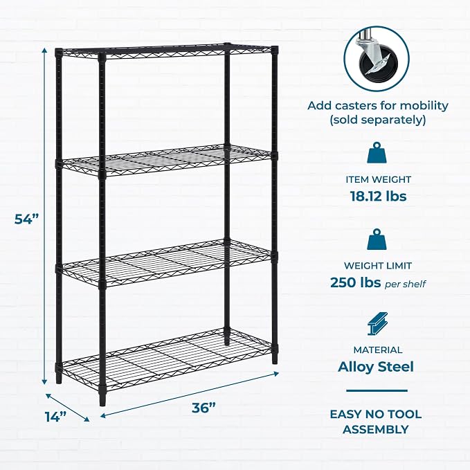 Honey-Can-Do 4-Tier Heavy Duty Adjustable Shelving Unit, 250-lb Per Shelf Metal Storage Rack, Wire Shelf for Garage Kitchen Office Pantry, Black, 36 x 14 x 54 in
