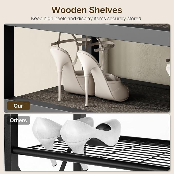 12-Tier Tall Shoe Rack Organizer, Wooden Shoe Storage for Closet Holds 48 Pairs, Sturdy Shoe Shelf with X-Shaped Metal Support, for Entryway, Bedroom, Charcoal and Black SS212BC