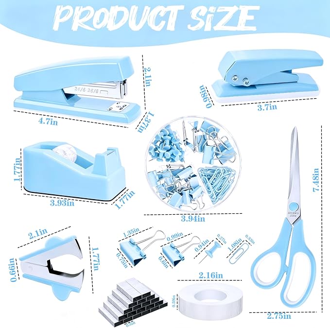 Blue Office Supplies, 17Pcs Blue Desk Accessories Set Include Stapler, Mesh Desk Organizer, Tape Dispenser, Staple Remover, Pen Holder, Clips, Pens, Ruler, for Office Home School Women Students Gift