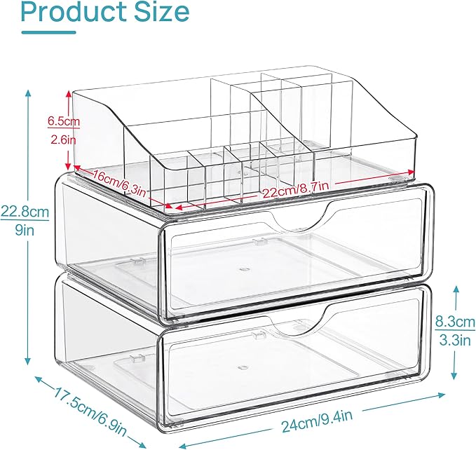 Vtopmart 3 Tier Clear Makeup Organizer with 2 Drawers | Smart Storage Layout, Clear for Better Visibility, Stackable, Large Capacity, for Makeup Lipstick Brush Skincare