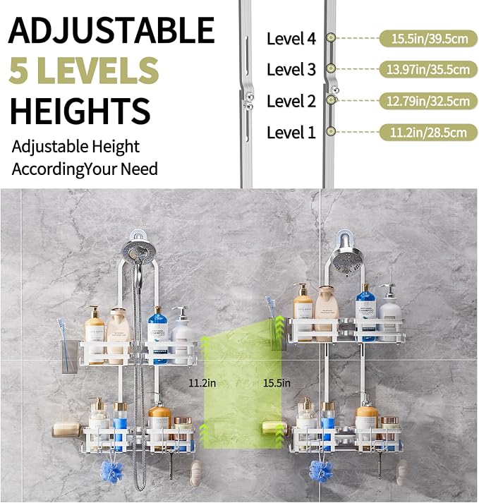 Aluminum Shower Caddy Hanging,Shower Caddy, Never Rust Shower Organizer | 4 Levels with adjustable Height 10 Hooks for Razor/Sponge - Rack with Soap Basket (Silver)