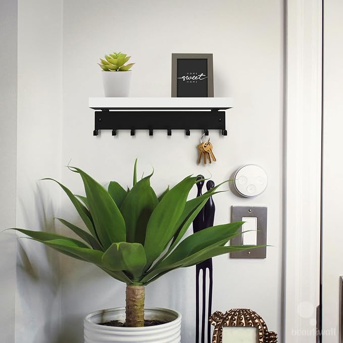 Sturdy Steel Wall Key Holder with White Bamboo Shelf. Metal and Wooden Key Hanger with Hooks for Car, Apartment, Storage, Keys