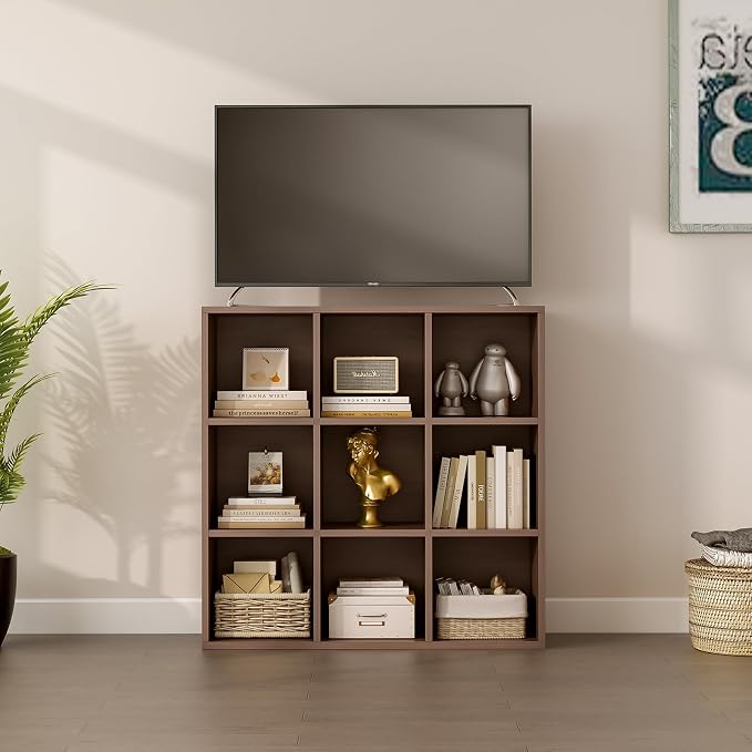 OSCHF 9-Cube Storage Shelf Bookcase, Walnut | Wooden 3-Tier Open Bookshelf, Fits 11×11" Bins, Vertical or Horizontal Use, Full Back Panels, For Home Office
