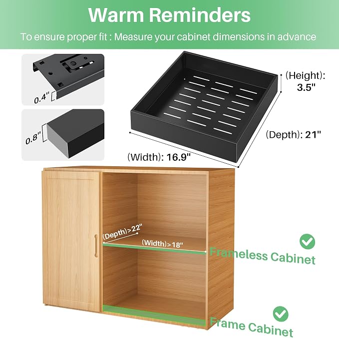Pull out Cabinet Organizer, 21"Deep, 16.9"Wide Heavy Duty Full-Extension Slide out Drawers with Nano Adhesive, Roll Out Shelves Sliding Cabinet for Kitchen, Bathroom, Pantry,under sink Storage(Black)