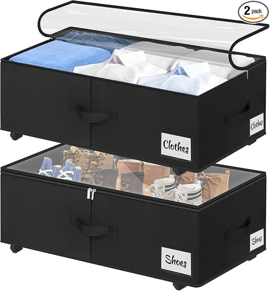 Under Bed Storage with Wheels, 2-Pack 10" Height XXL 75L Rolling Storage Bins, Quick Assembly Underbed Shoe Storage Containers with Clear Lid & Label, Dorm Under Bed Drawers for Clothes, Shoes, Grey