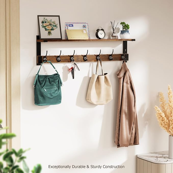 Oraich Wall Hooks with Shelf, 28.7 Inch Coat Rack Wall Mount with Hook for Coat Backpack Key Clothes Hanger, Wall Floating Shelf Hanging in Entryway, Living Room, Bathroom, Bedroom, Kitchen
