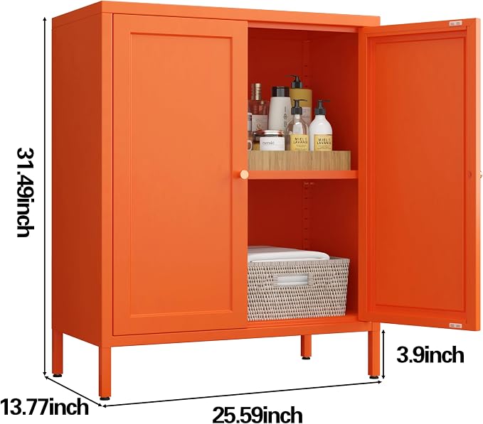 Metal Accent Storage Cabinet for Bedroom, LivingRoom, Office,Kitchen- Metal Locker Cabinet with 1 Adjustable Shelves-Bathroom Floor Storage Cabinet Freestanding Organizer (Square Door, orange)