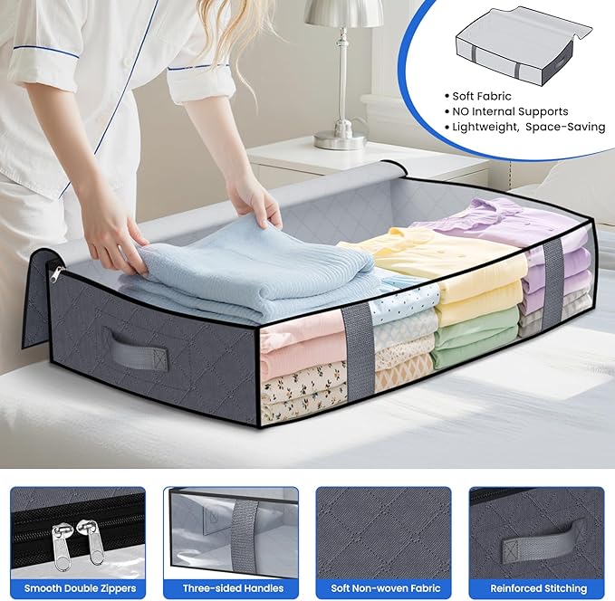 TasticTotes Under Bed Storage Containers, 8 Pack Blanket Storage Bags, Collapsible Storage Bags with Big Zippers, Clear Front, Shoe Storage and Organization for Clothes, Comforter, 75L, Grey