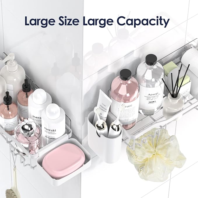 NESOMI Shower Caddy Adhesive Shower Organizer 7-Pack, Rustproof Stainless Steel Bathroom Shelves, Large Capacity No-Drill Rack Storage Accessories with Soap Dish Toothbrush Holder Hooks