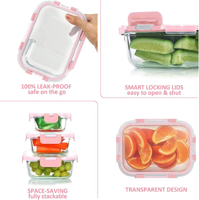 24 Pieces Glass Food Storage Containers Set, Meal Prep Containers, BPA-Free Airtight Glass Storage Containers with lids,Freezer, Microwave and Oven Safe,Pink