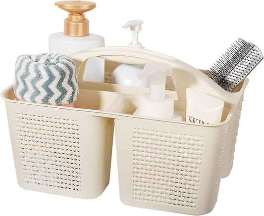 Plastic Portable Shower Caddy Basket with Handle, 3 Compartments, Beige | Storage Organizer with Drain Holes, Sturdy and Durable For Bathroom, Kitchen, College Dorm, Sink, Camping