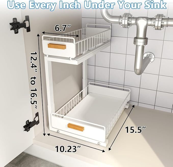 Under Sink Organizer Kitchen - Upgraded Professional Rails, 2 Tier Dual Pull Out Cabinet Storage, Height Adjustable Under Sink Storage, Metal Sliding Drawer for Kitchen & Bathroom, White, 1 Pack