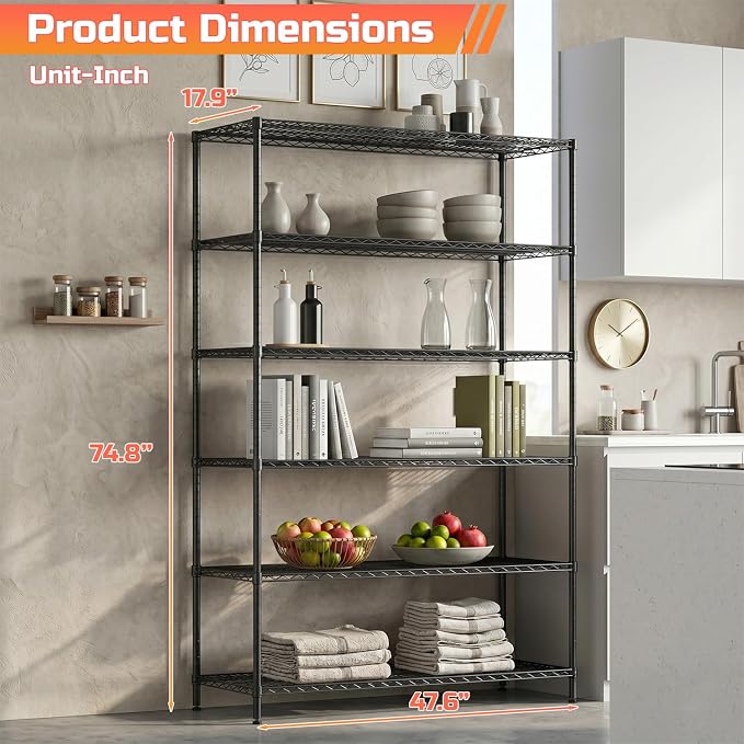 FDW | 6-Tier Wire Shelf with Wheels | 48" x 18" x 76" | Black | Storage Shelves with Adjustable Racks, Holds upto 600 lbs | Rust-Resistant, No-Tool Assembly | For Home, Garage