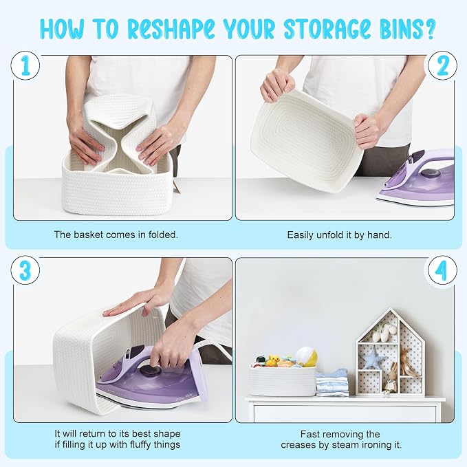 3-Pack Storage Baskets for Organizing | Woven Shelf Toy Basket | Rope Baskets for Gifts Empty | Closet Organizer Bins with Handles | Cube Decorative Box | 13.7×7.1×6.7” | White