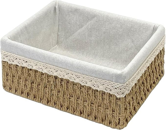 Wicker Storage Baskets, Handwoven Paper Rope Organizer Bins with Removable Floral Liner, Large for Bathroom, Pantry, Shelf, Countertop, Closet (Camel, L)