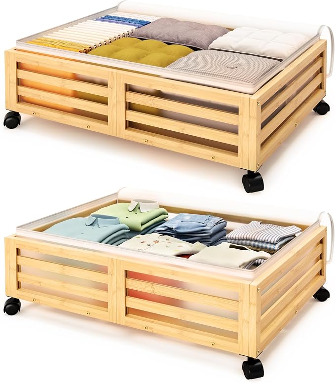 Under Bed Storage with Wheels, 2 Pack Bamboo Drawers for Shoes and Clothes | Fitted dustproof bags, stackable design, smooth pullout access for bedding, blankets, toys and seasonal essentials