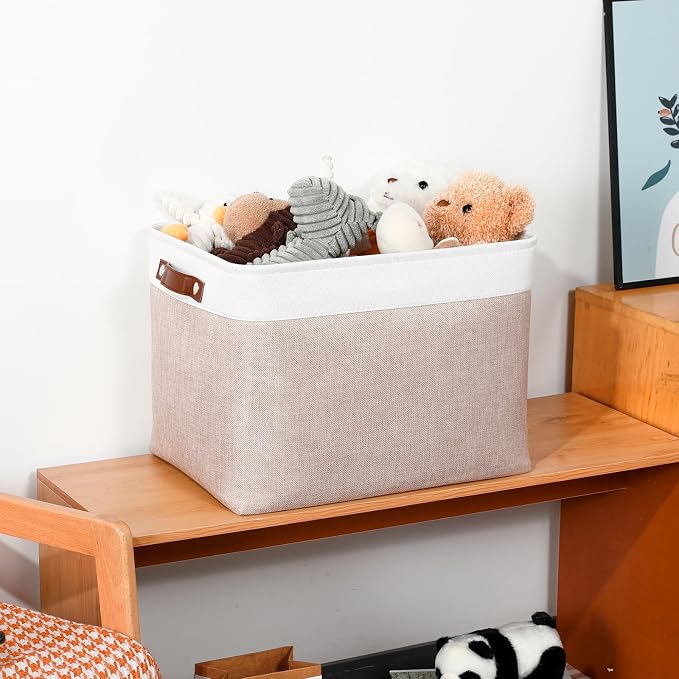 DULLEMELO Fabric Storage Bins, Lining Fabric Baskets For Gifts, Large Storage Baskets for Books Clothes Storage, Foldable Storage Basket for Office Home Shelves Closets Organizing(White&Khaki)