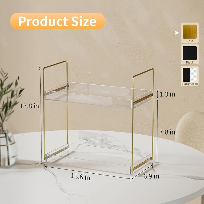 NPPLUS 2 Tier Bathroom Counter Organizer Gold Acrylic Tray Vanity | Kitchen Under Sink Standing Rack, Home Storage Holder for Lotion Makeup Cosmetics Perfume Spice