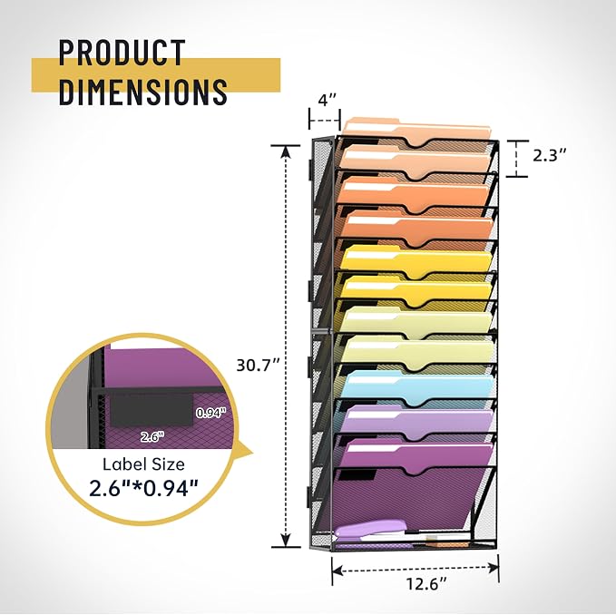 SUPEASY 12-Tier Wall File Organizer, Mesh Hanging Wall Mount File Holder | Paper, Folder, Magazine Rack Great for Office Home School, Assembly Needed, Black