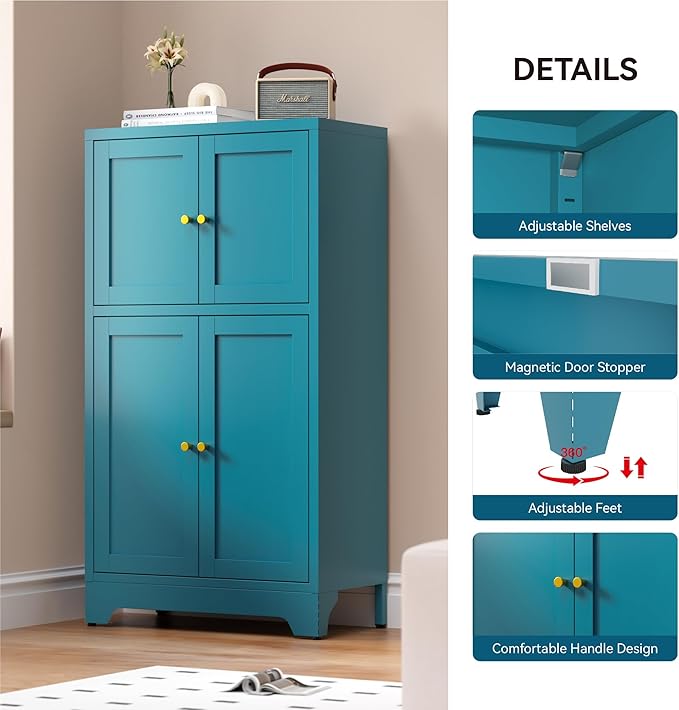Bevivog Bathroom Floor Storage Cabinet,Metal Accent Cabinets with 4 Doors and 2 Adjustable Shelves,Blue Storage Locker Cabinets Organizer for Pantry Kitchen,Living Room,Hallway, Restroom