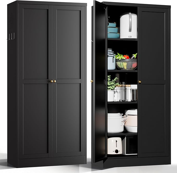 AQY Kitchen Pantry Cabinet,61" Black Pantry Storage Cabinet with 4 Tier Adjustable Shelves and 2 Doors,Freestanding Cupboard,Metal Pantry Cabinets with Handle for Living Room Kitchen Assembly Required