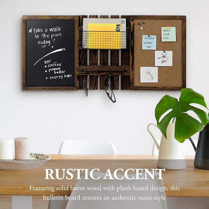 MyGift 3 Panel Wall Mounted Entryway Bulletin Board Combo Set | Rustic Burnt Solid Wood Frame with a Chalkboard, Cork Board, Black Metal Mail Basket, and Hanging Rail Message Display Office