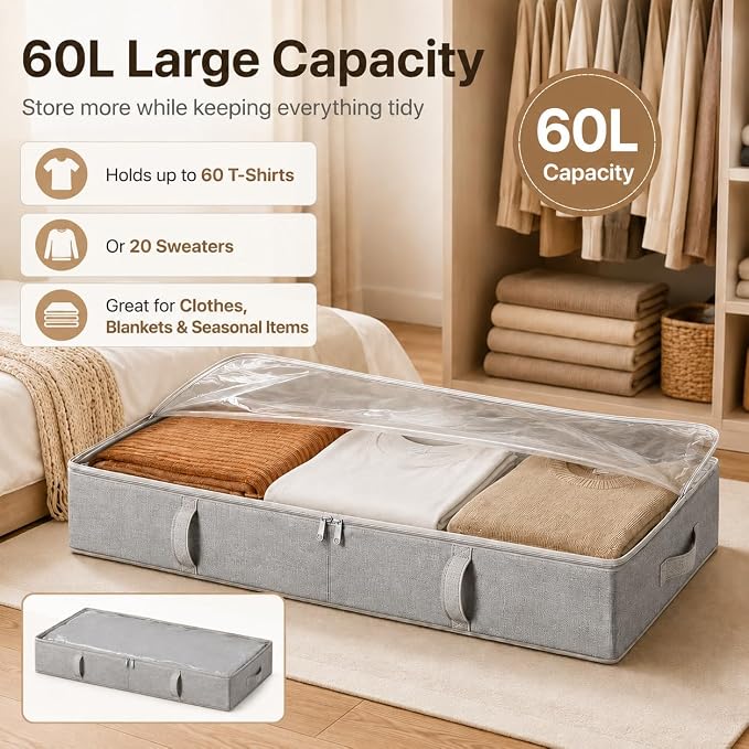Vailando Storage Containers, 6 Inches Tall 60L Underbed Storage Bins with Sturdy Handles and Sidewalls, Closet Organizer for Clothes, Blankets, Seasonal Items, Gray, 2-Pack