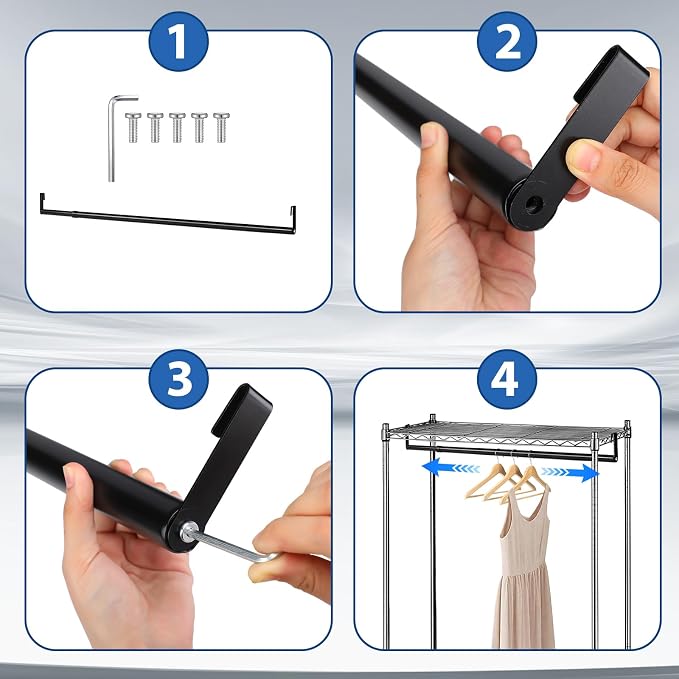 Expandable Closet Rod for Wire Shelf Hanging Clothes Adjustable Heavy Duty Closet Hanging Rod Extender Heavy Duty Hanger Bar Metal Poles for Wardrobes Hanger, 1 Pack(36-60 Inch,Black)