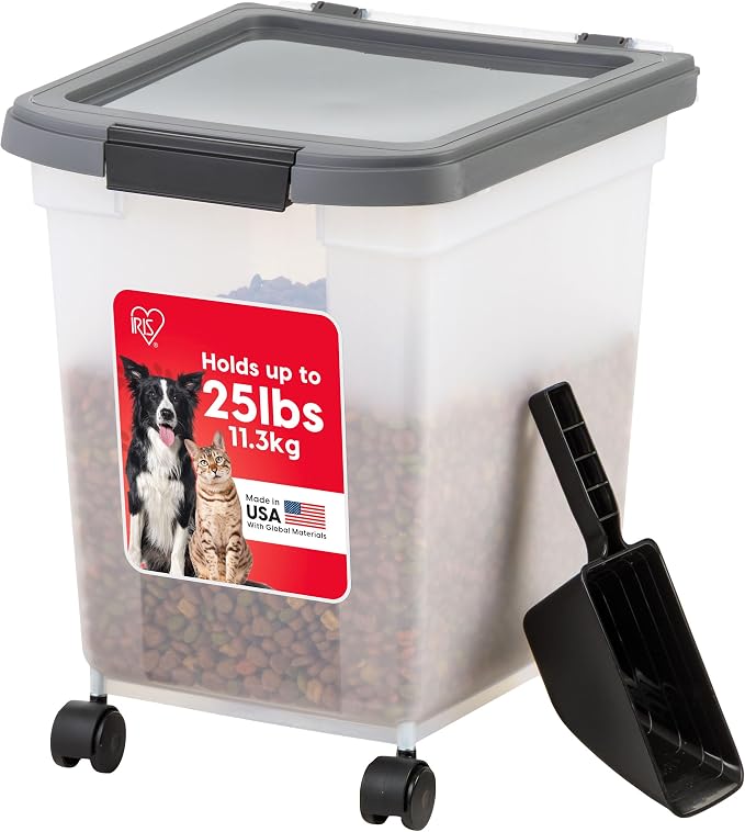 IRIS USA Dog Food Storage Container, Up to 25 lbs, White, Made in USA | Includes 2-Cup Scoop & Wheels, Airtight Seal, BPA-Free, Bird Seed, Cat food, Chicken Feed, Treats, Keeps Kibble Fresh