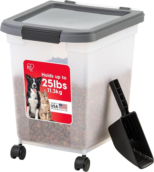 IRIS USA Dog Food Storage Container, Up to 25 lbs, White, Made in USA | Includes 2-Cup Scoop & Wheels, Airtight Seal, BPA-Free, Bird Seed, Cat food, Chicken Feed, Treats, Keeps Kibble Fresh