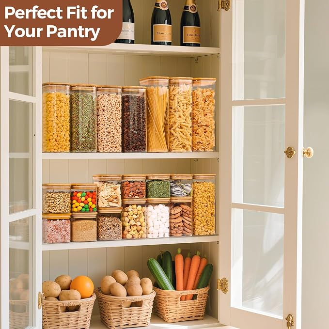 ComSaf Glass Jars with Bamboo Lids 0.8 Qt, Set Of 6 Pantry Galss Jars | Glass Storage Containers with Lid, Pantry Organizer and Storage, Lid with Silicone Seal, Pasta, Spice, Coffee, 27oz, BPA Free