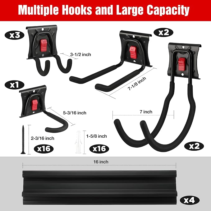 WORKPRO 64" Garage Tool Organizer Wall Mount with 8 Adjustable Hooks | Garage Organization, Garden Tool Rack System, 4 Rails, Hanging, Storage, Universal Installation, PVC material