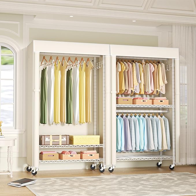 White Clothing Rack with Beige Cover, P1C Rolling Closets with Wheels, Metal Garment Rack for Hanging Clothes, Clothing Storage Wardrobe, 36.2" W x 16.5" D x 80.5" H, Load 450 Pounds