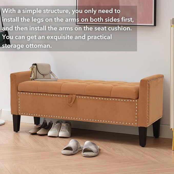 Velvet Ottoman with Storage, 46'' Upholstered Button Tufted End of Bed Bench with Arms, Modern Storage Bench for Living Room, Bedroom, Entryway, Orange