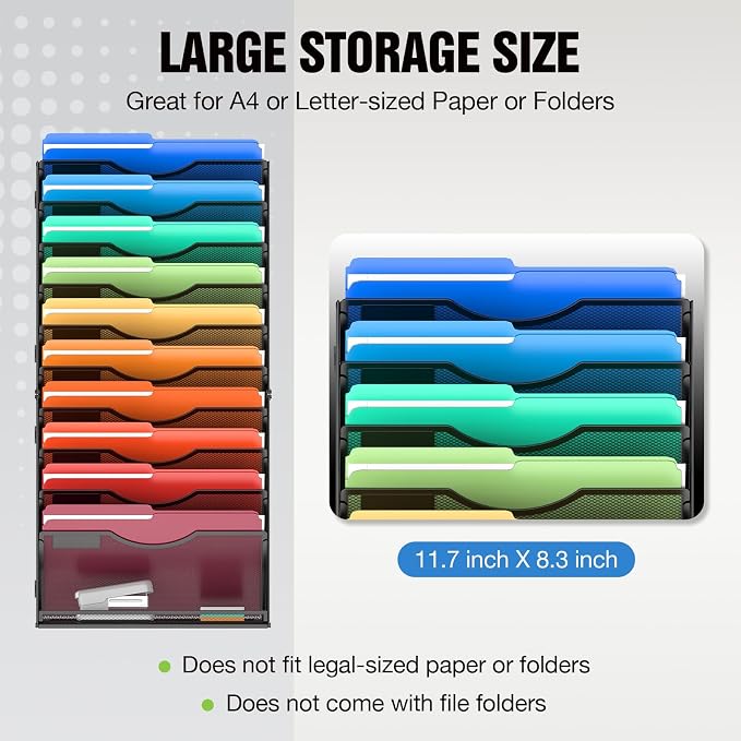 MINDEPOT 11 Tier Wall File Holder Hanging Wall Mount Paper File Organizer for Mails Folders Document Magazine Organization, for Office School Home, Black