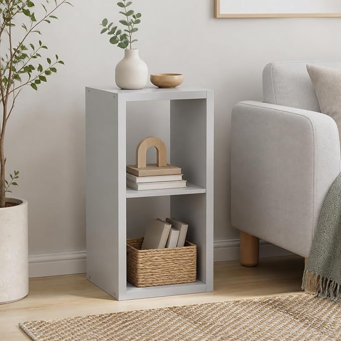 2-Cube Cubicle Bookshelf, Cube Bookcase with Open Back, Reversible Book Shelf, Cube Storage Organizer, 15 x 16 x 30, for Living Room, Home Office, Light Grey