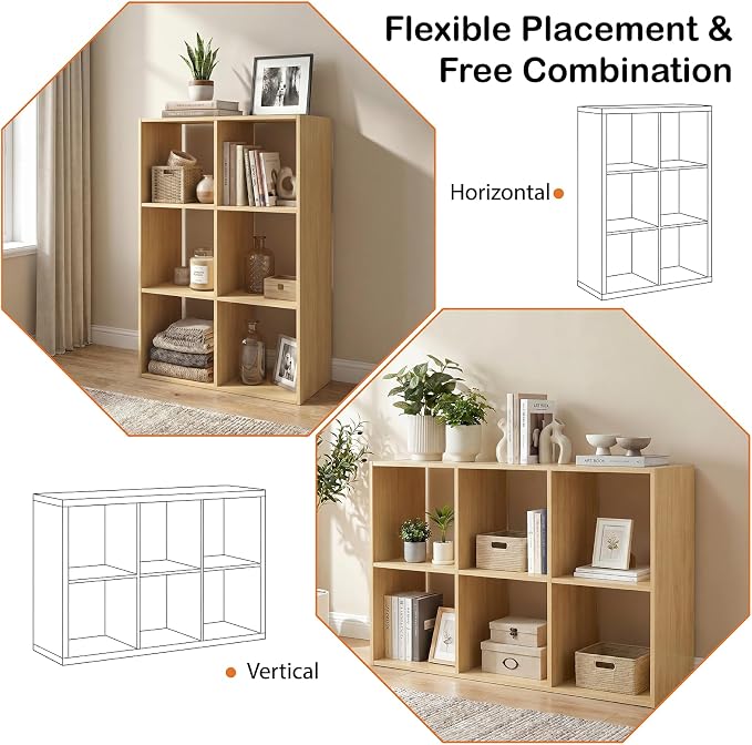WannabeMyself【Sturdy Build&Easy Assembly】6 Cube Storage Organizer with Anti-Tipping Kits,Reversible Open Back Book Shelf, Bookcase for Living Room,Bedroom,Entrance Hall,Office,24.1×11.4×35.9,Oak Color