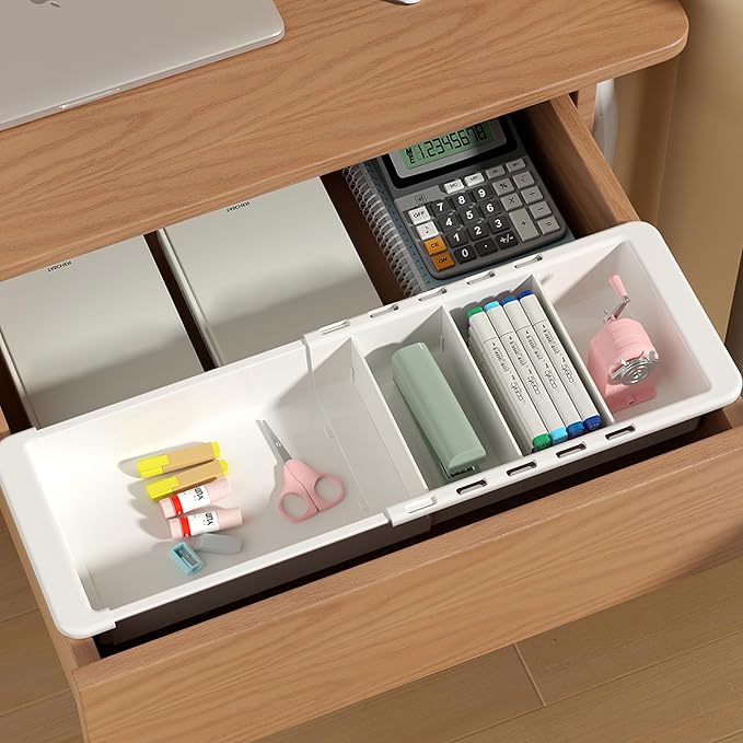 YOOUSOO Expandable Drawer Organizer, 2 PCS Adjustable Drawer Organizer Trays, Drawer Dividers Organizers and Storage For Office Supplies, Pens, Makeup,Utensils, Tools, Flatware and Junks, White | Drawer Dividers Organizers and Storage For Office Suppli...