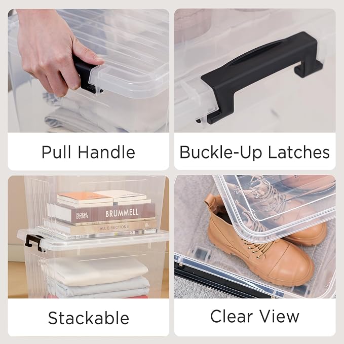 Citylife 22 Qt Plastic Storage Bins with Latching Lids 4 Packs | Stackable See-Through Craft Storage Box Latches Durable Containers Secure Pull Handle Organizing for Home Kitchen Pantry