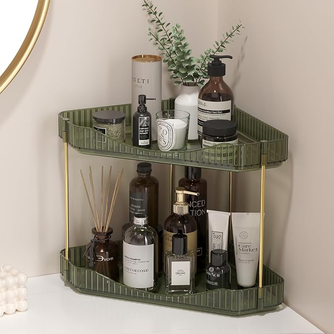 Lifewit 2 Tier Corner Bathroom Counter Organizers and Storage, Green | Plastic Makeup Skincare Organizers Countertop, Large Sink Cosmetic Perfume Shelf for Bedroom, Dresser, Kitchen, Vanity