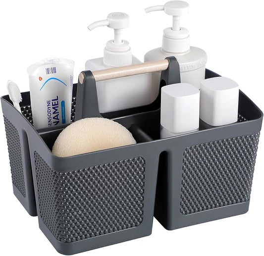 rejomiik Portable Plastic Shower Caddy with Bamboo Handle, Grey | Cleaning Caddy Organizer for Bathroom, College Dorm Room Essentials, Storage Tote