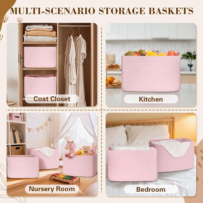 Baskets for Organizing,Storage Baskets,3 Pack Baskets for Shelfves,15"×10"×9" Woven Pink Basket,toy storage bins,bins for organization