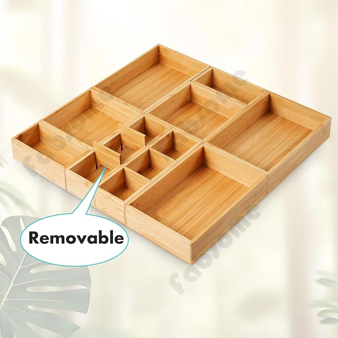 Fabsome Drawer Organizer, Set of 9 Bamboo Wood Kitchen Makeup Desk Junk Tea Drawer Storage Boxes Bins for Cutlery Silverware Utensils Flatware, Small Wooden Container Tray for Bathroom, Office