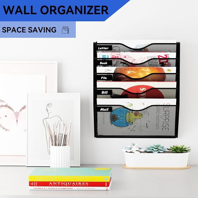 5 Pockets Hanging Wall File Organizer Mail Holder, Wall Mounted Paper Document Folder Holder, Clipboard Storage Organization Magazine Rack, Black