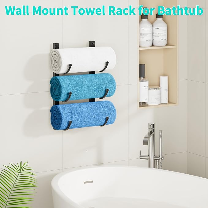 HapiRm Rolled Towel Racks for Bathroom - 3-Tier Over The Door & Wall Mounted Bathroom Towel Storage, Hanging Metal Organizer for Towels & Bath Sheets, Space Saving Rack for Bathroom, Camper, RV, Black