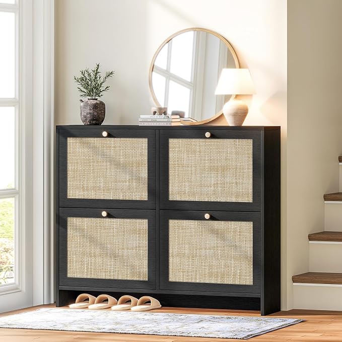 Nicetree Shoe Cabinet Storage for Entryway, 4-Flip Drawer Narrow Shoe Rack, Organic Modern Rattan Shoe Organizer, Shoe Organizer Fits Men's Size 13.5, Midnight Charcoal