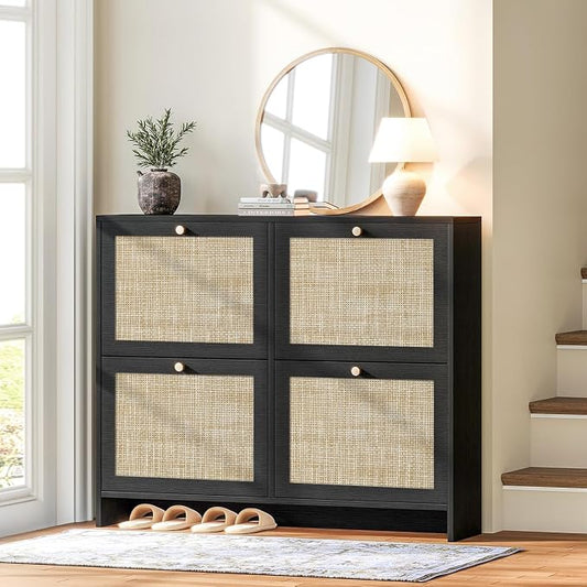 Nicetree Shoe Cabinet Storage for Entryway, 4-Flip Drawer Narrow Shoe Rack, Organic Modern Rattan Shoe Organizer, Shoe Organizer Fits Men's Size 13.5, Midnight Charcoal