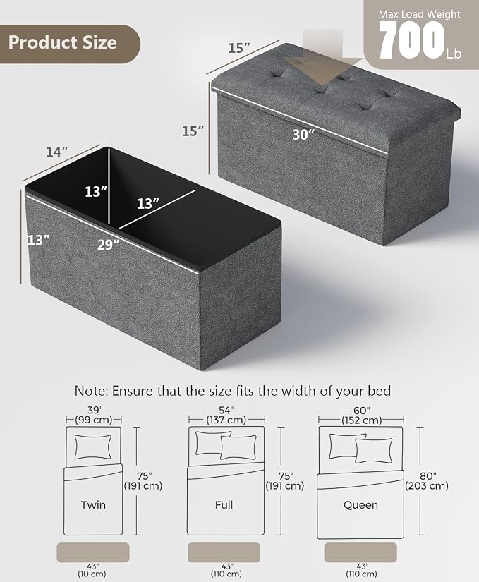 Folding Storage Ottoman Bench, Dark Gray, 30 Inches | Multi-Functional Ottoman Foot Rest, End of Bed Bench, Storage Chest, Living Room, Bedroom, Hallway, Entryway, 600 lb Capacity