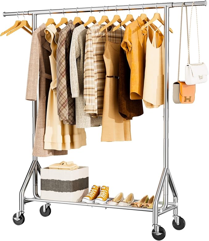 HYSEYY Heavy Duty Clothes Rack Load 450 LBS, Metal Garment Rack, Standing Rolling Clothing Rack for Hanging Clothes with Sturdy Wheels & Shelves, Portable Closet Wardrobe Rack,Sliver